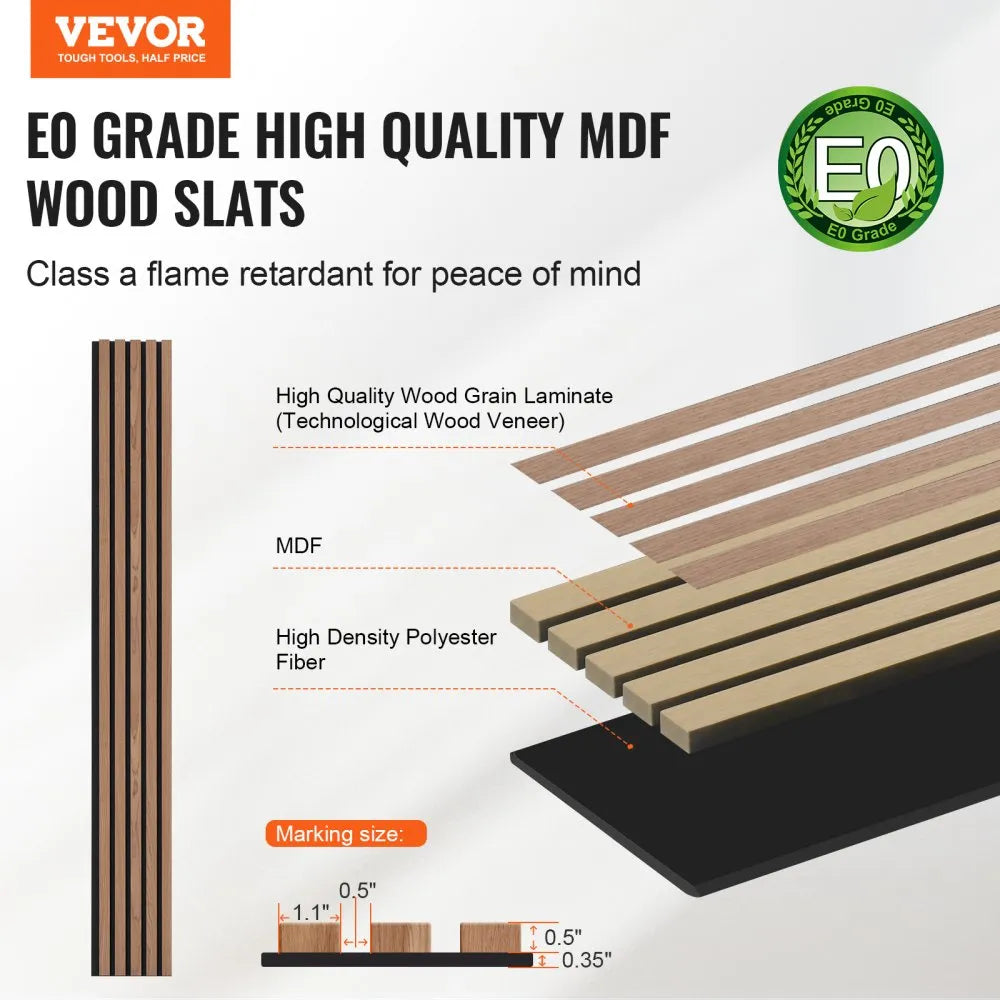 VEVOR Wood Slat Acoustic Panels, 7.9 x 94.5 inch, MDF Accent Wooden Wall Panels for Modern Interior Wall, Faux Wood Wall Board Panels for Stylish Decor and Noise Reduction, Walnut