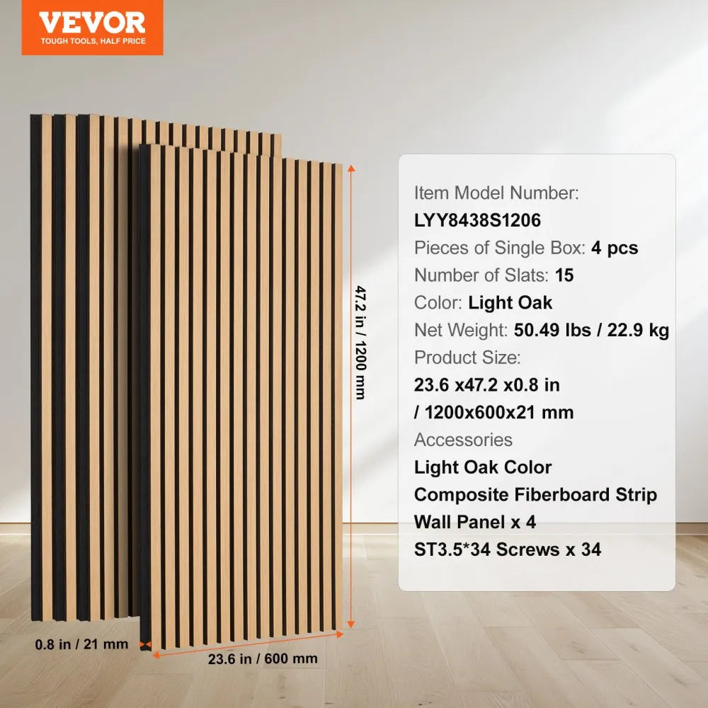 VEVOR Wood Slat Acoustic Panels, 23.6 x 47.2 inch, MDF Accent Wooden Wall Panels for Modern Interior Wall Decor, Faux Wood Wall Board Panels for Noise Reduction, Light Oak