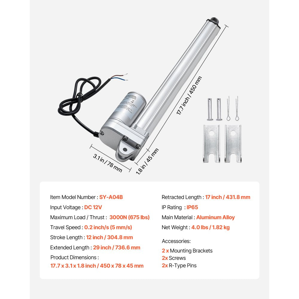 VEVOR 12V Linear Actuator, 12 Inch IP65 Waterproof Linear Actuator, 675lbs/3000N 0.2"/s Motion Actuators with Mounting Bracket for Outdoor Use