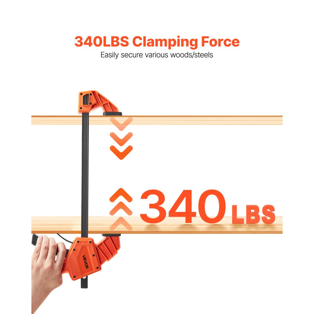 VEVOR Bar Clamps for Woodworking, 2-Pack 12 inch One-Handed Clamp/Spreader, Quick-Grip F-Clamp with 340 lbs Load Limit, Premium Plastic and Carbon Steel, for Woodworking Metal working, Orange + Black