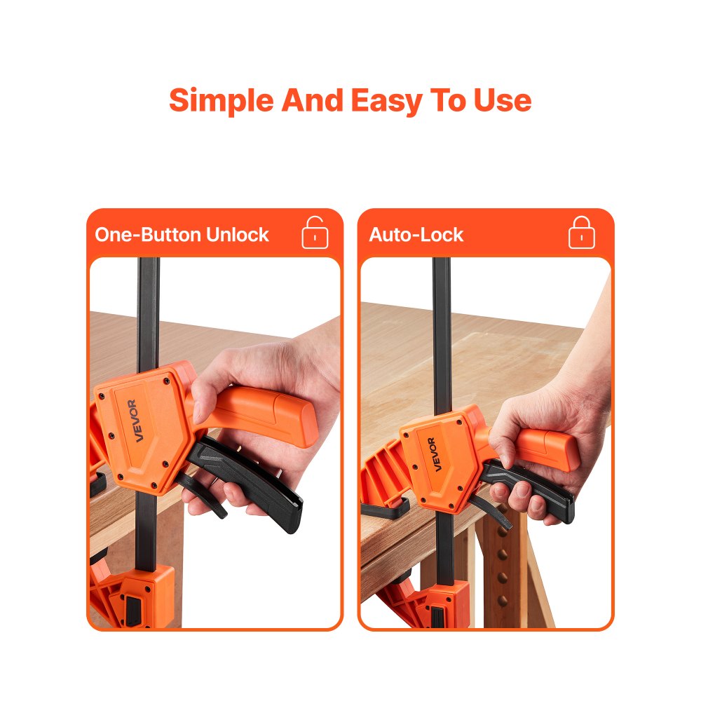 VEVOR Bar Clamps for Woodworking, 2-Pack 12 inch One-Handed Clamp/Spreader, Quick-Grip F-Clamp with 340 lbs Load Limit, Premium Plastic and Carbon Steel, for Woodworking Metal working, Orange + Black