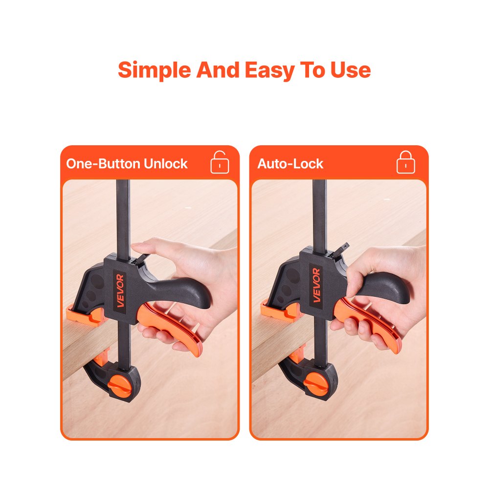 VEVOR Bar Clamps for Woodworking, 2-Pack 12 inch and 2-Pack 6 inch, One-Handed Clamp/Spreader, Quick-Grip F-Clamp with 154 lbs Load Limit, Premium Plastic and Steel, for Woodworking Metal working