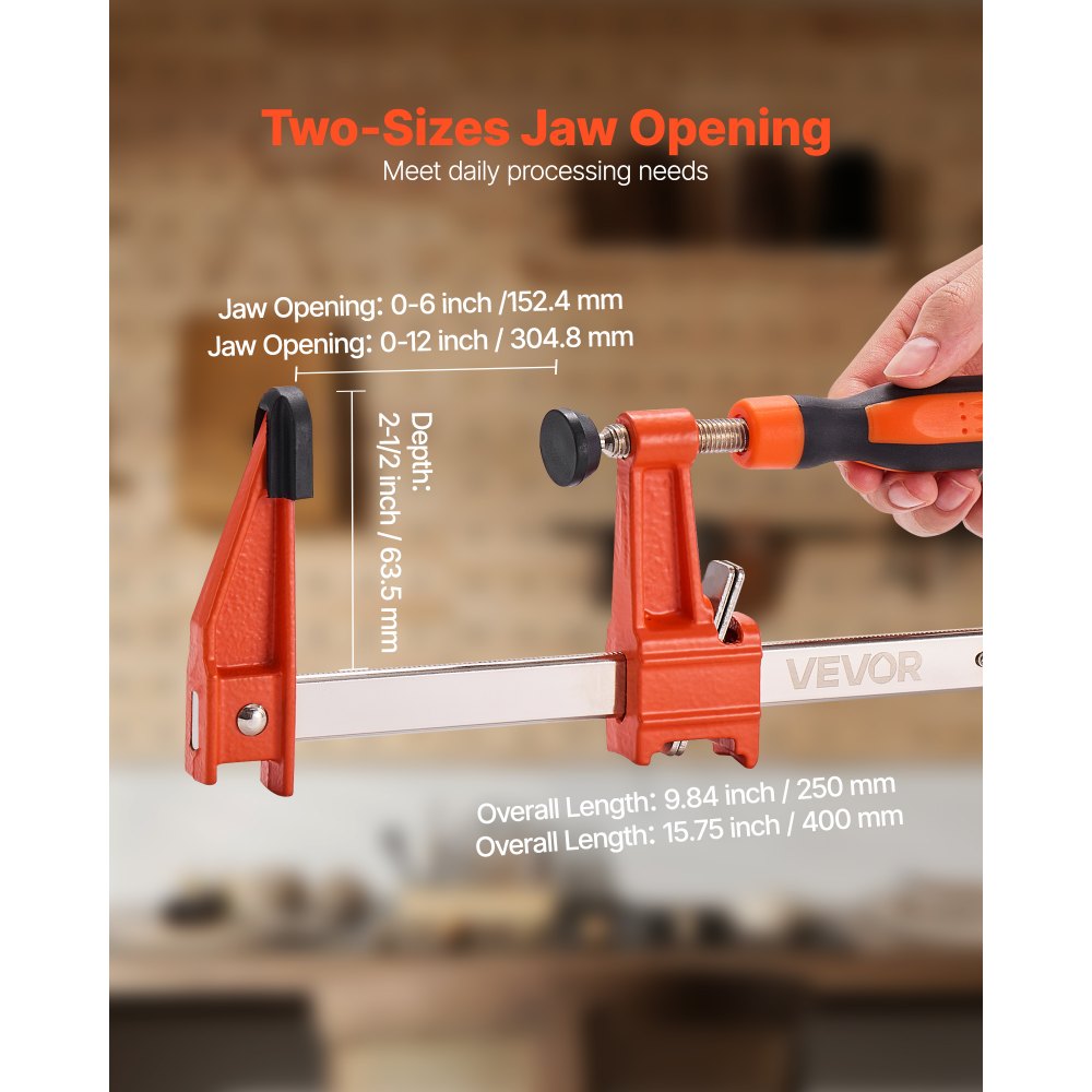 VEVOR Bar Clamps for Woodworking, 2-Pack 6 inch and 2-Pack 12 inch, Lockable F-Clamp with 600 lbs Load Limit, 2-1/2 inch Depth, Cast Iron and Carbon Steel, Wood Clamps for Woodworking Metal Working