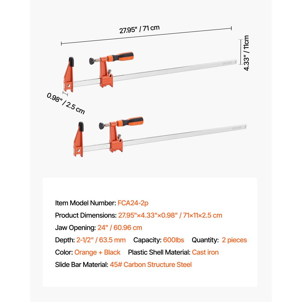 VEVOR Bar Clamps for Woodworking, 2-Pack 24 inch Opening, Lockable F-Clamp with 600 lbs Load Limit, 2-1/2 inch Depth, Cast Iron and Carbon Steel, Easy to Use, Wood Clamps for Woodworking Metal Working