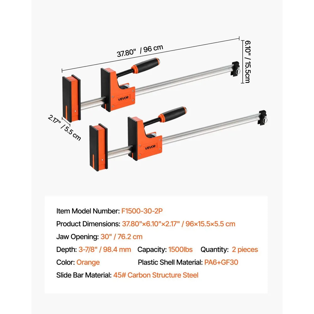 VEVOR Bar Clamps for Woodworking, 2-Pack 30 inch Parallel Clamp Set, F-Clamp with 1500 lbs Load Limit, Even Pressure, High-strength Plastic and Carbon Steel, for Woodworking Metal Working, Orange