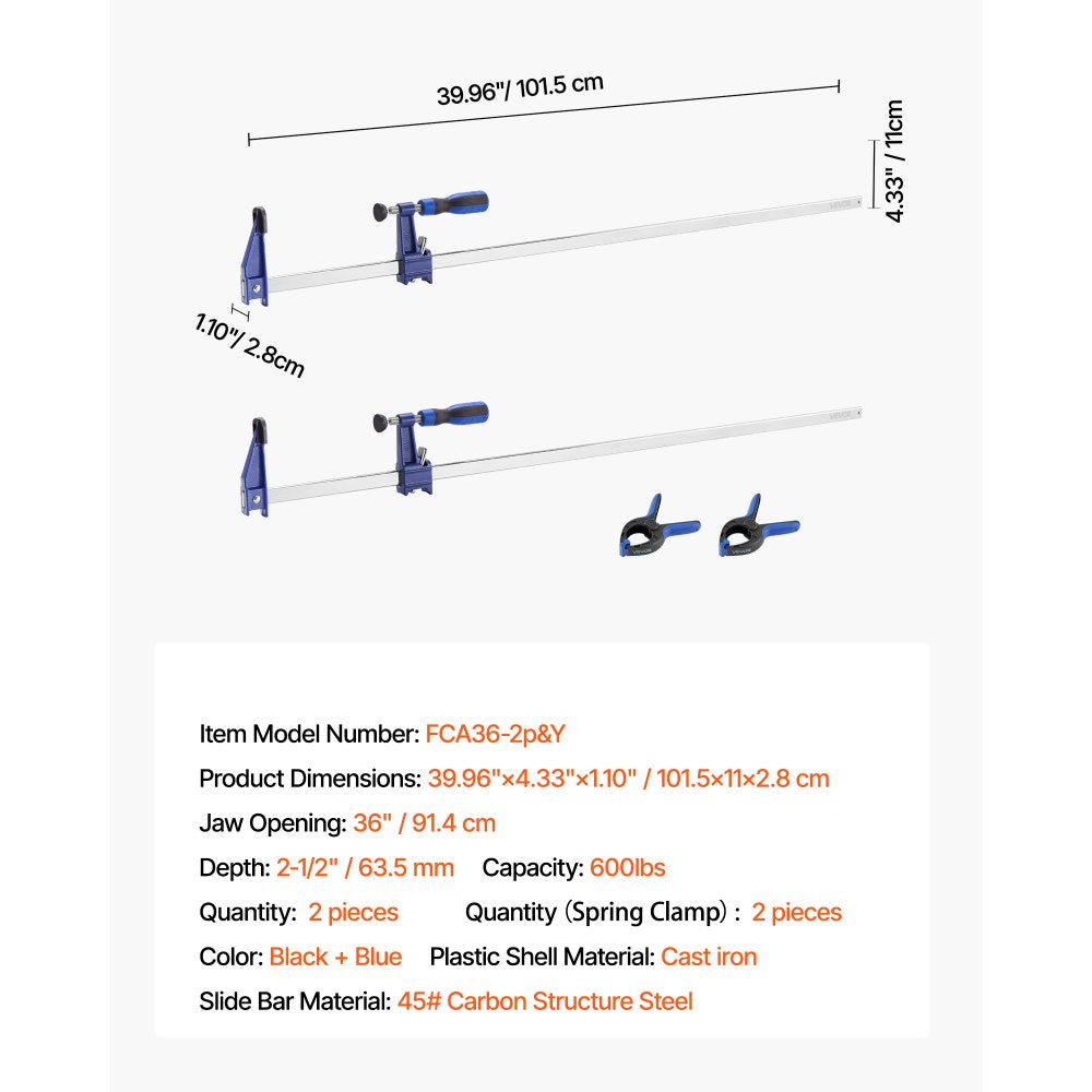 VEVOR Bar Clamps for Woodworking, 2-Pack 36 inch Opening, Lockable F-Clamp with 600 lbs Load Limit, 2-1/2 inch Depth, Cast Iron and Carbon Steel, Easy to Use, Wood Clamps for Woodworking Metal Working
