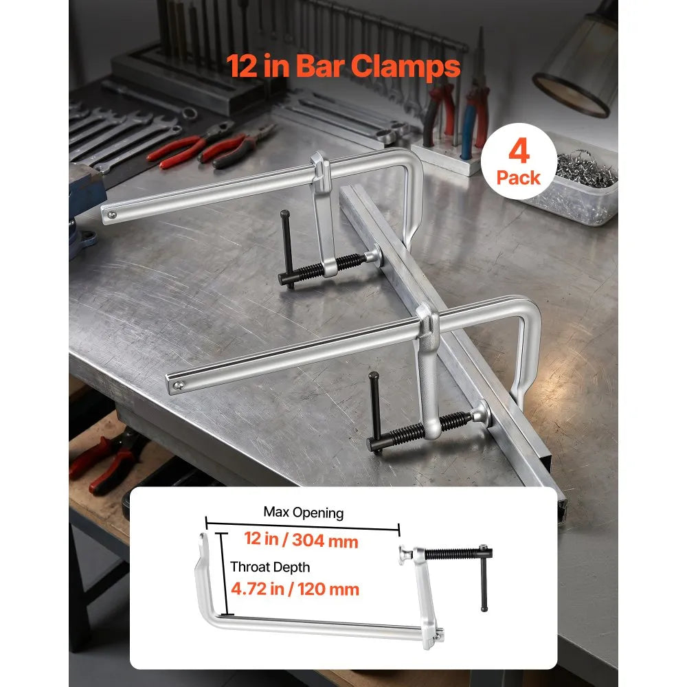VEVOR Bar Clamps for Woodworking, 4-Pack, 12" Opening, 4.72 in Throat Depth, 1200 lbs Load Limit, Sturdy Steel Forging and Casting, with Swivel Jaw and T-Handle, for Wood Working and Metal Working