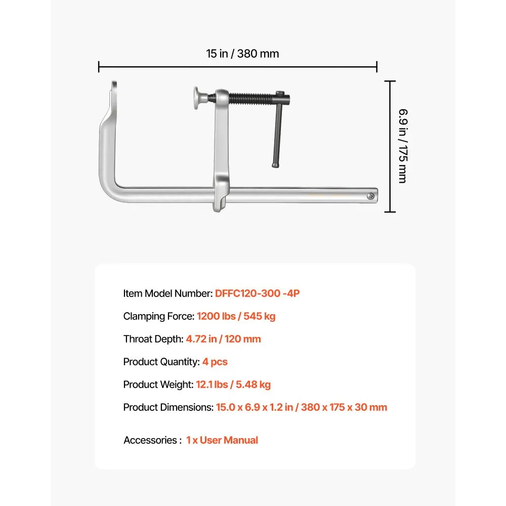 VEVOR Bar Clamps for Woodworking, 4-Pack, 12" Opening, 4.72 in Throat Depth, 1200 lbs Load Limit, Sturdy Steel Forging and Casting, with Swivel Jaw and T-Handle, for Wood Working and Metal Working