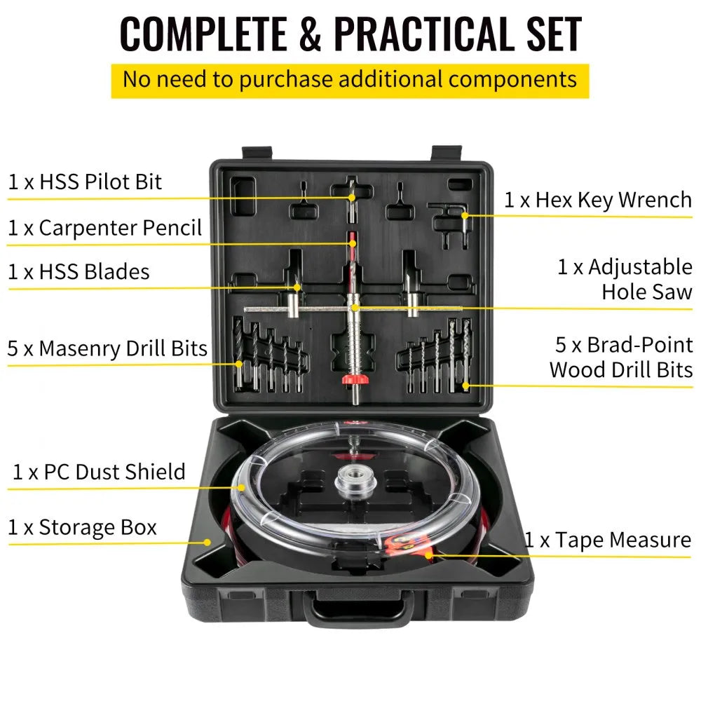 VEVOR Adjustable Hole Saw Cutter Kit, 1-5/8\" to 11-13 /16\" (40-300 mm), Recessed Hole Saw with PC Dust Shield, Two Replaceable Pilot Drill Bits, for Recessed Lights, Ceiling Speakers, Vent Holes