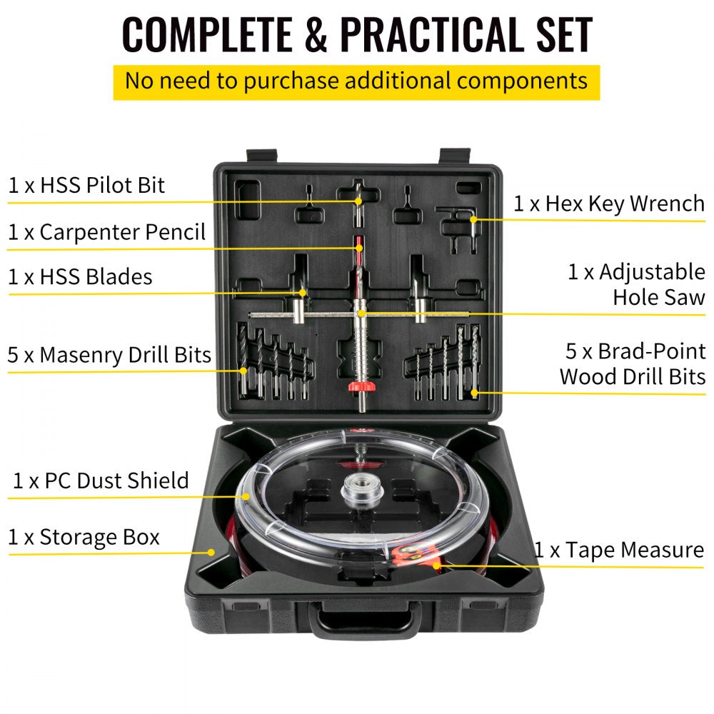 VEVOR Adjustable Hole Saw Cutter Kit, 1-5/8" to 8" (40-200 mm), Two Replaceable Pilot Drill Bits, Twin Blade Recessed Hole Saw with PC Dust Shield, for Recessed Lights, Ceiling Speakers, Vent Holes