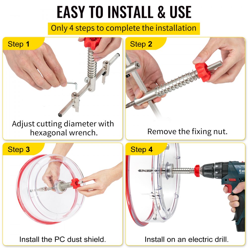 VEVOR Adjustable Hole Saw Cutter Kit, 1-5/8" to 8" (40-200 mm), Two Replaceable Pilot Drill Bits, Twin Blade Recessed Hole Saw with PC Dust Shield, for Recessed Lights, Ceiling Speakers, Vent Holes