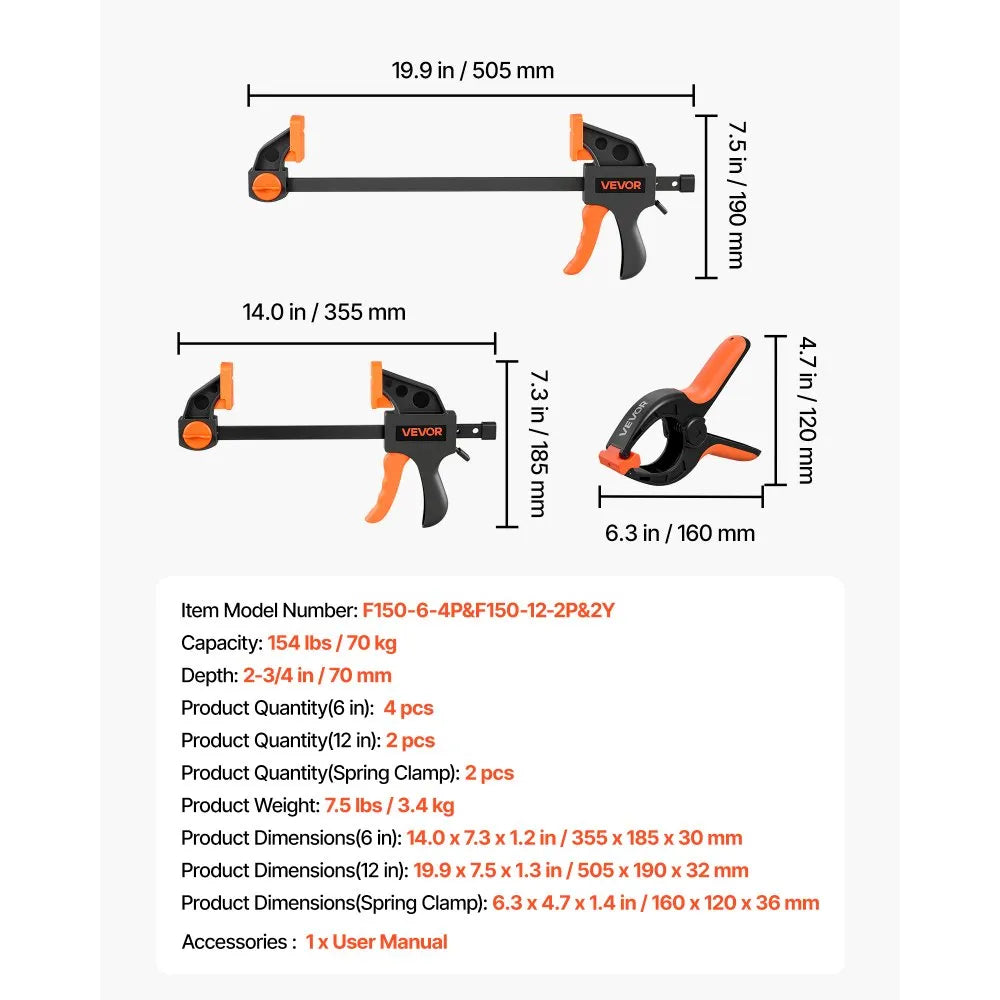 VEVOR Bar Clamps for Woodworking, 8-Pack, 6" and 12", with Spring Clamps, One-Handed Clamp/Spreader, 154 lbs Load Limit, Quick Release, Self-Locking Design, for Wood Working and Metal Working