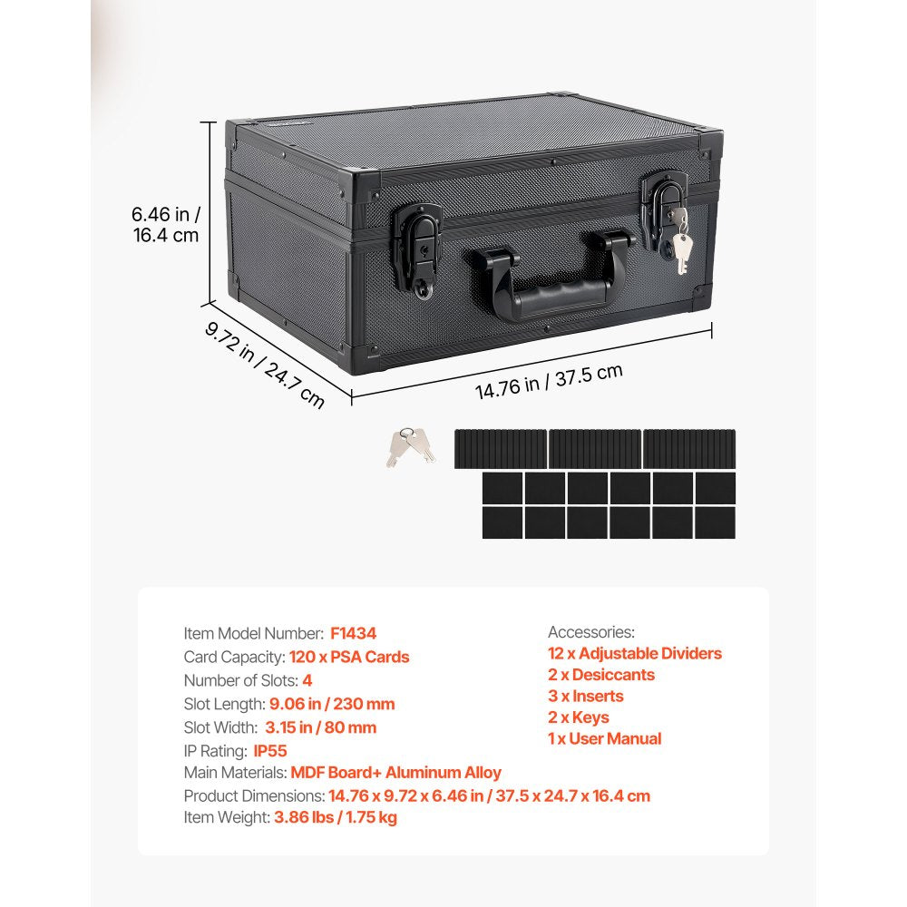 VEVOR Graded Card Case 4 Row 120 PSA Slab Storage Box with Secure Lock, Baseball Sports Trading Cards Holder Collector with 12 Dividers, Key, Holds 95 SGC 85 BGS 435 Top Loaders & 999+ Loose Cards