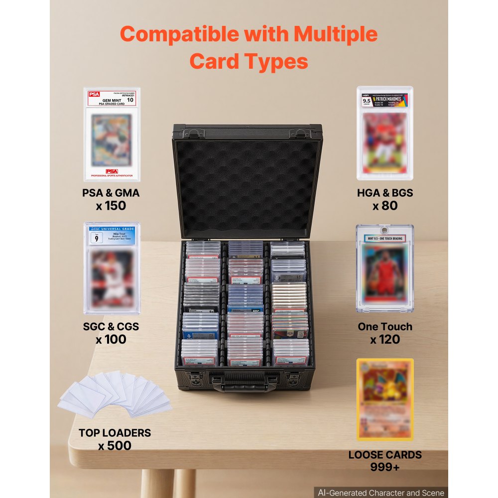 VEVOR Graded Card Case 3 Row 150 PSA Slab Storage Box with Secure Lock, Baseball Sports Trading Cards Holder Collector with 12 Dividers, Key, Holds 100 SGC 80 BGS 500 Top Loaders & 999+ Loose Cards
