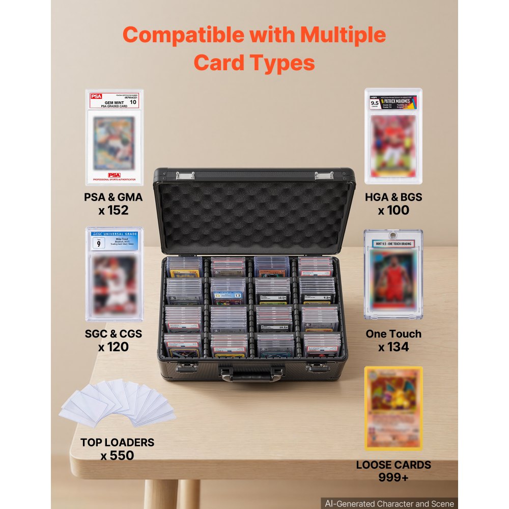VEVOR Graded Card Case 4 Row 152 PSA Slab Storage Box TSA Approved Lock, Baseball Sports Trading Cards Holder Collector, with 12 Dividers, Holds 120 SGC 100 BGS 550 Top Loaders & 999+ Loose Cards