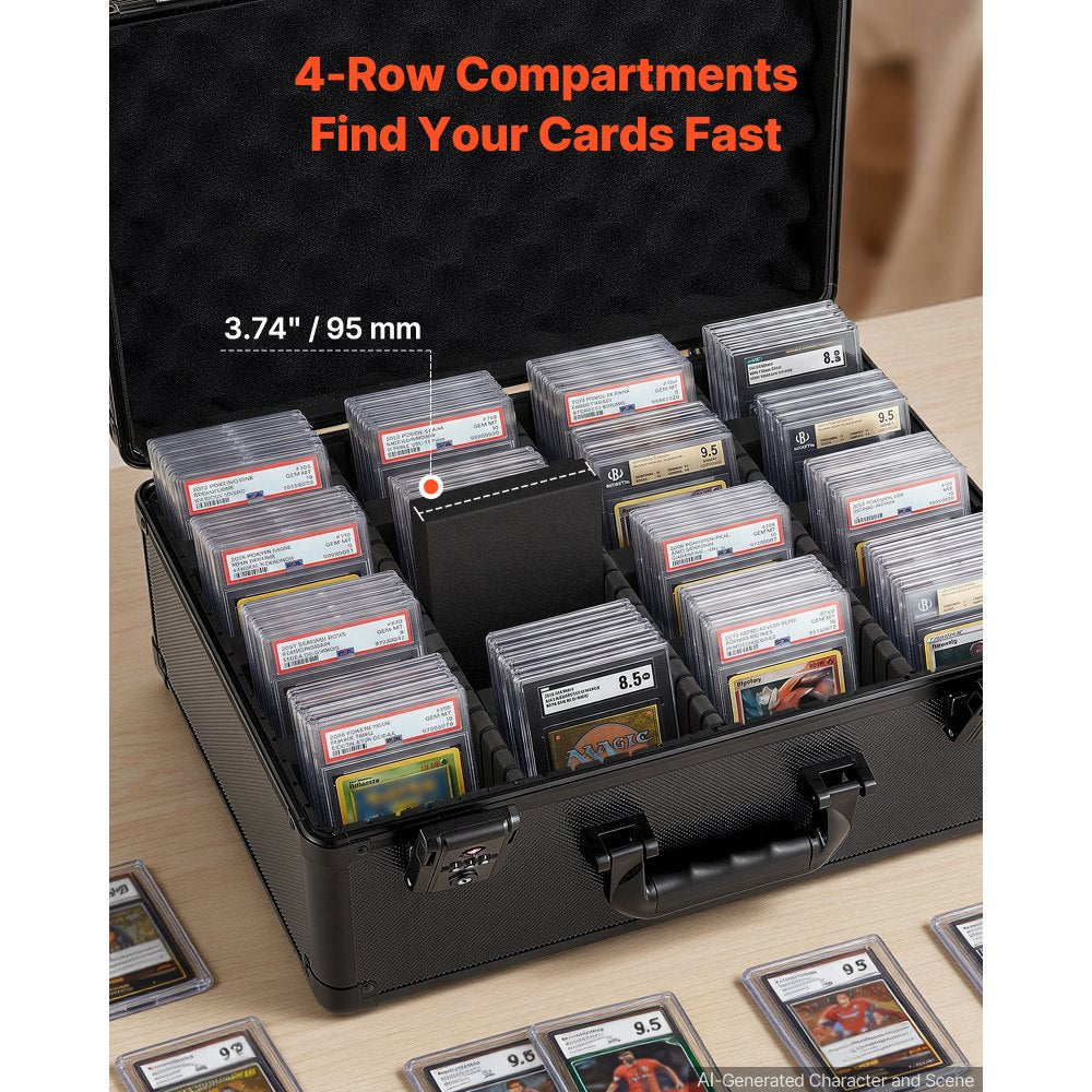 VEVOR Graded Card Case 4 Row 152 PSA Slab Storage Box TSA Approved Lock, Baseball Sports Trading Cards Holder Collector, with 12 Dividers, Holds 120 SGC 100 BGS 550 Top Loaders & 999+ Loose Cards
