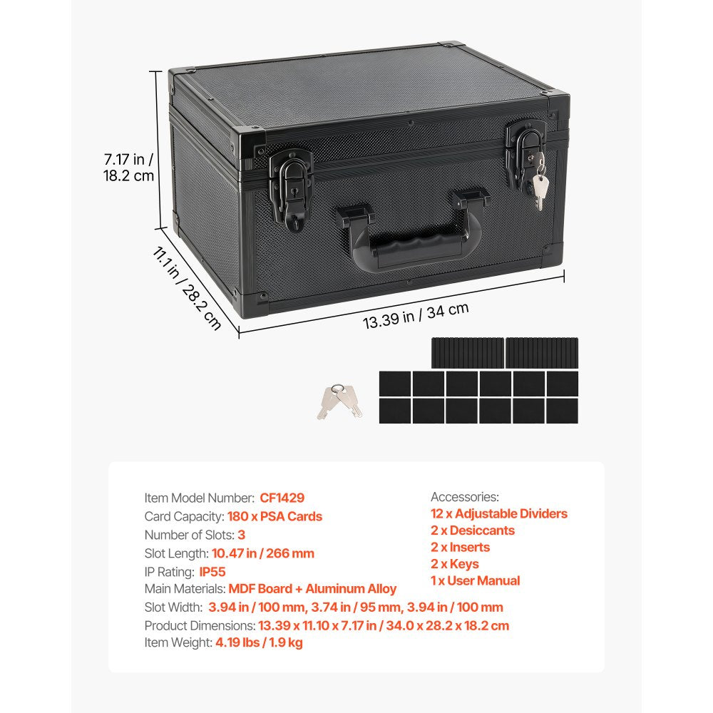 VEVOR Graded Card Case 3 Row 180 PSA Slab Storage Box with Mechanical Lock, Baseball Sports Trading Cards Holder Collector with 12 Dividers, Holds 120 SGC 100 BGS 520 Top Loaders & 999+ Loose Cards