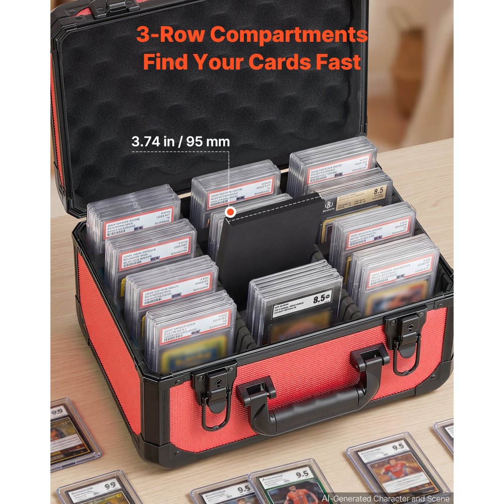 VEVOR Graded Card Case 3 Row 96 PSA Slab Storage Box with Secure Lock, Baseball Sports Trading Cards Holder Collector with 12 Dividers, Key, Holds 76 SGC 68 BGS 348 Top Loaders and 999+ Loose Cards