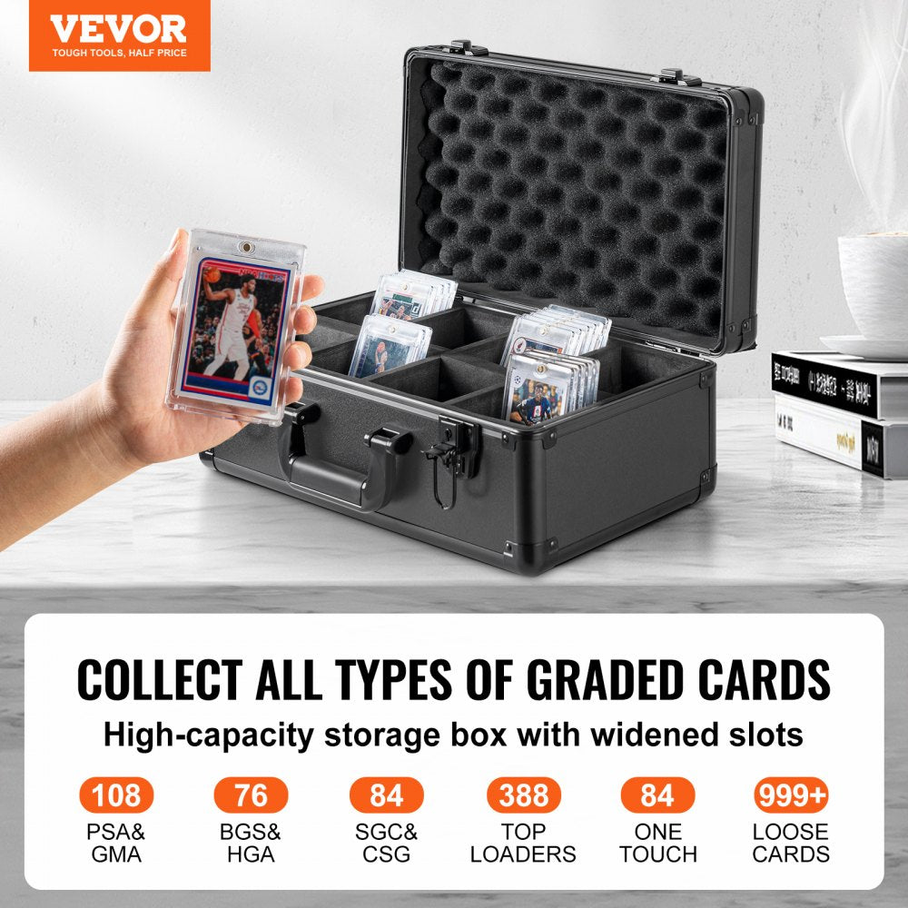VEVOR Graded Card Storage Box, 4 Slots, Graded Sports Cards Holder Carrying Case with Key Lock Foam Dividers, for 108 PSA Graded Cards 76 BGS Cards 84 SGC Cards 388 Top Loaders or 999+ Loose Cards