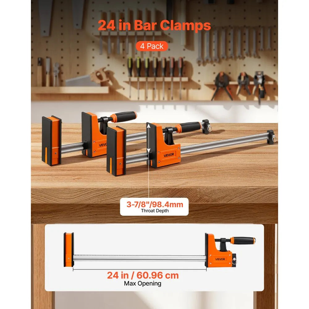 VEVOR Bar Clamps for Woodworking, 4-Pack, 24" Opening F Clamps, 1500 lbs Load Limit, Clamp/Spreader 2 Modes, Soft Rubber Pads, Ergonomic Handle, Carbon Steel Bar, for Wood Working and Metal Working