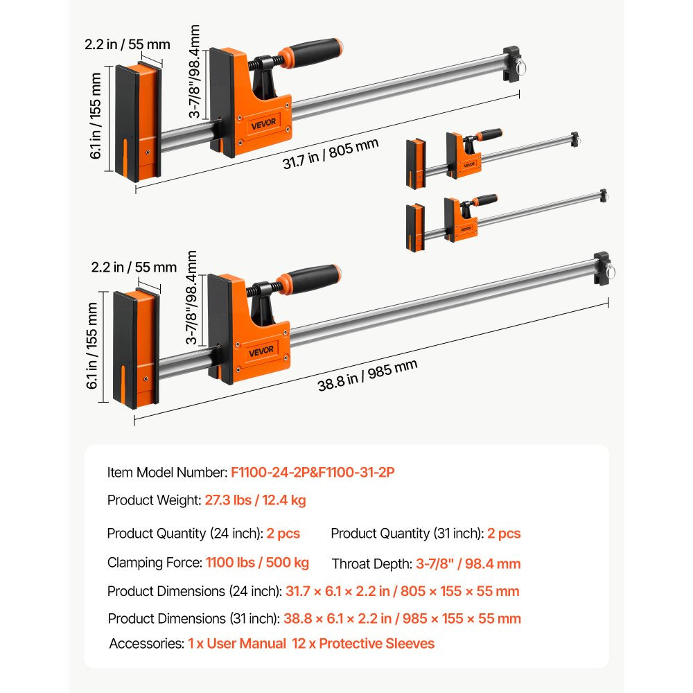 VEVOR Bar Clamps for Woodworking, 4-Pack, 24" and 31" F Clamps, 1100 lbs Load Limit, Clamp/Spreader 2 Modes, Soft Rubber Pads, Ergonomic Handle, Carbon Steel Bar, for Wood Working and Metal Working