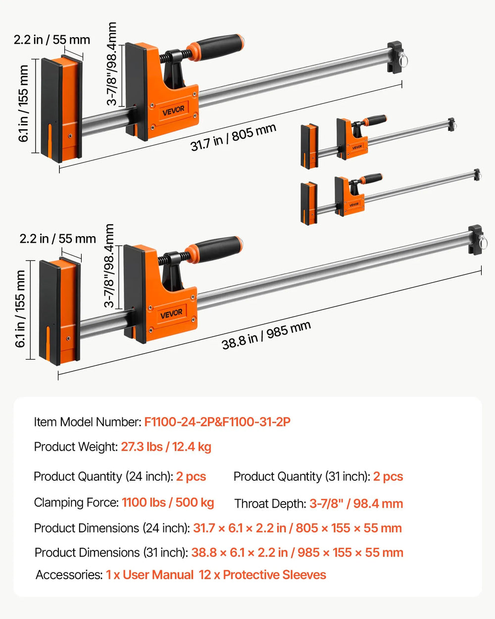VEVOR Bar Clamps for Woodworking, 4-Pack, 24" and 31" F Clamps, 1100 lbs Load Limit, Clamp/Spreader 2 Modes, Soft Rubber Pads, Ergonomic Handle, Carbon Steel Bar, for Wood Working and Metal Working