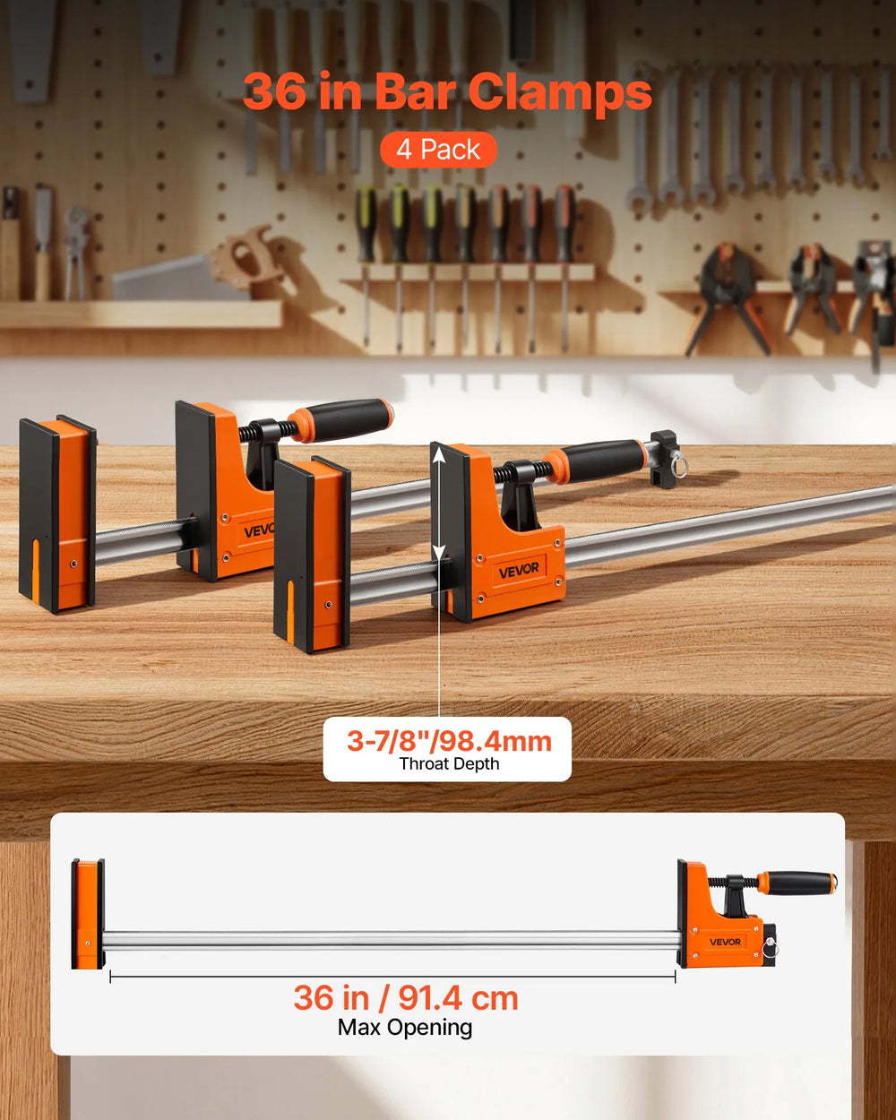 VEVOR Bar Clamps for Woodworking, 4-Pack, 36" Opening F Clamps, 1500 lbs Load Limit, Clamp/Spreader 2 Modes, Soft Rubber Pads, Ergonomic Handle, Carbon Steel Bar, for Wood Working and Metal Working