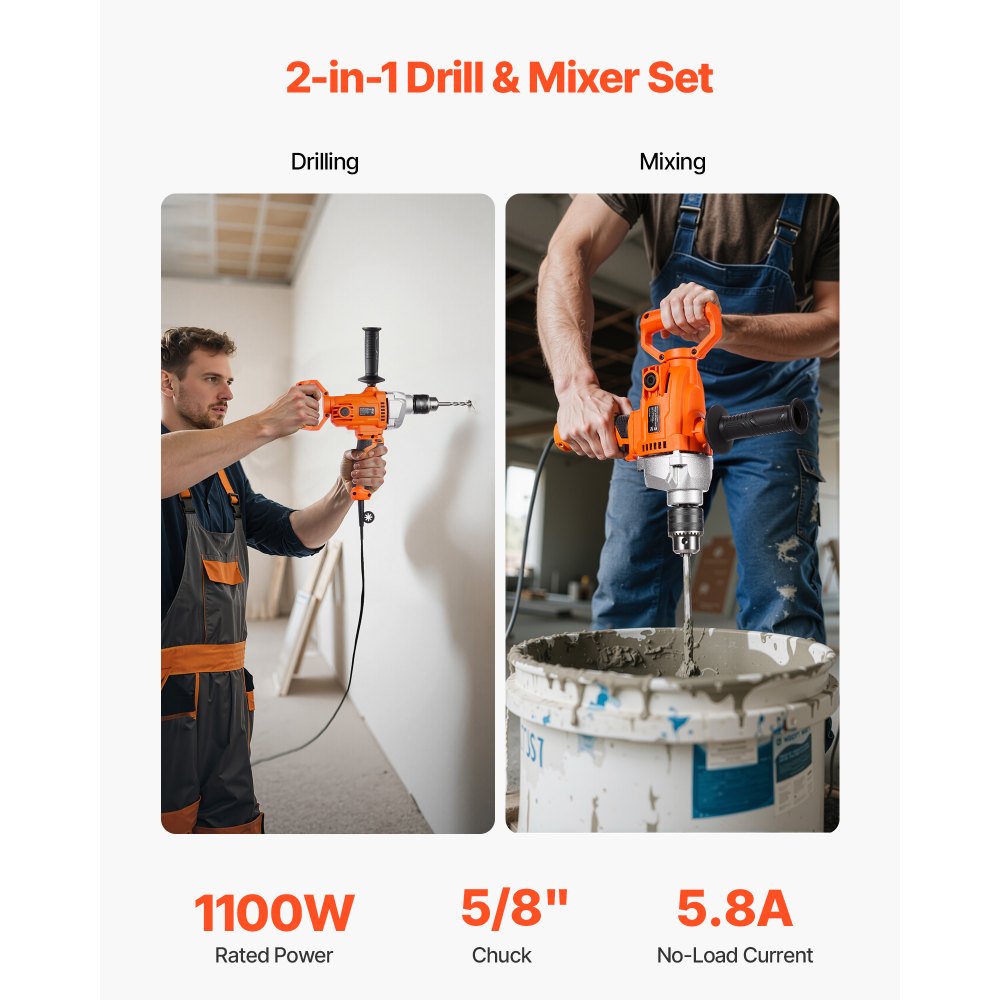 VEVOR Drill Mixer, 5/8 inch Corded Electric Drill Mixer Set, 0-850RPM 5.8A Mixing Drills, Mixing Drills Machine with D-Handle for Drilling & Blending, Handheld Cement Mixers for Fodder, Paint, Cement