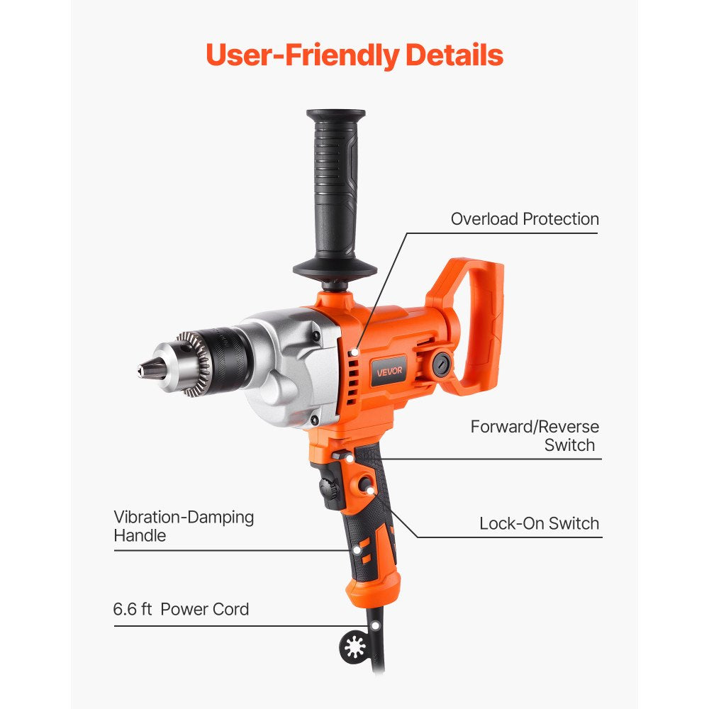 VEVOR Drill Mixer, 5/8 inch Corded Electric Drill Mixer Set, 0-850RPM 5.8A Mixing Drills, Mixing Drills Machine with D-Handle for Drilling & Blending, Handheld Cement Mixers for Fodder, Paint, Cement
