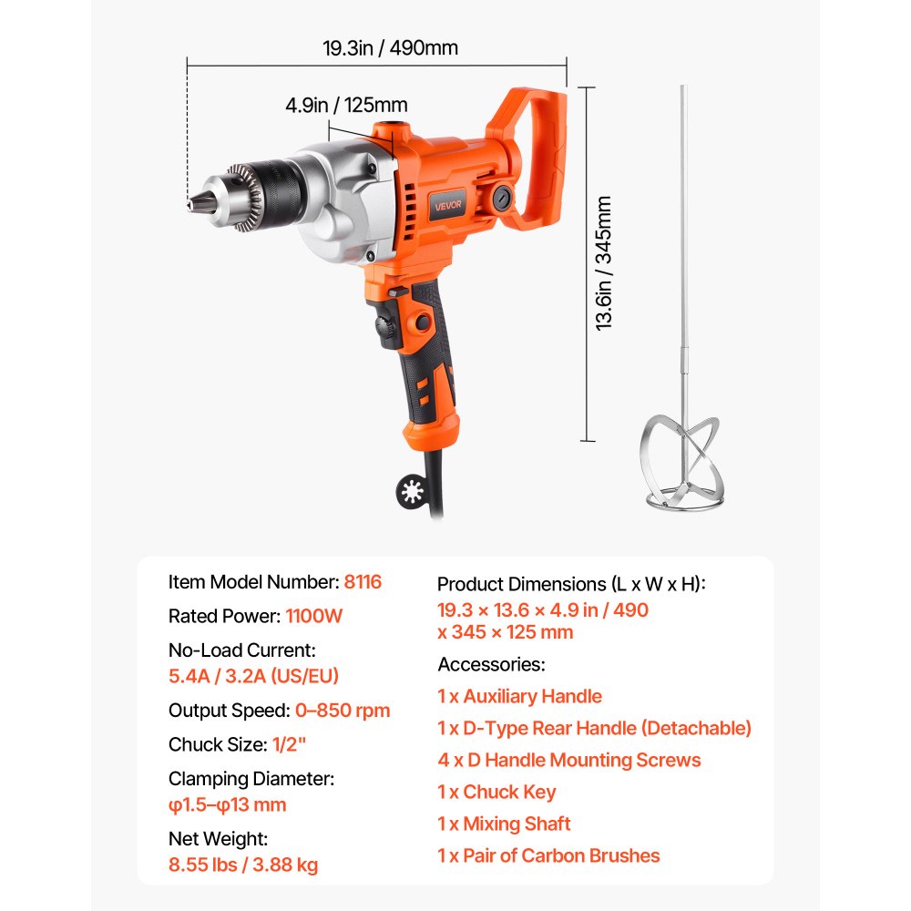 VEVOR Drill Mixer, 5/8 inch Corded Electric Drill Mixer Set, 0-850RPM 5.8A Mixing Drills, Mixing Drills Machine with D-Handle for Drilling & Blending, Handheld Cement Mixers for Fodder, Paint, Cement
