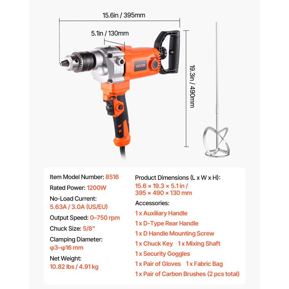 VEVOR Drill Mixer, 5/8 inch Corded Electric Drill Mixer Set, 0-750RPM 5.63A Mixing Drills, Mixing Drills Machine with D-Handle for Drilling & Blending, Handheld Cement Mixers for Fodder, Paint, Cement