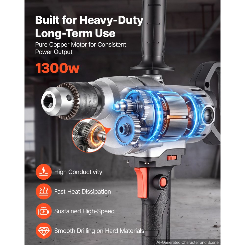 VEVOR Drill Mixer 5/8 inch 11.7 Amp 1300 W Corded Electric Drill Mixer Set, For Drilling & Mixing Cement Clay Paint, 0-1050 RPM 6-Speed Adjustment, Handheld Cement Mixer with 360° Adjustable Handle