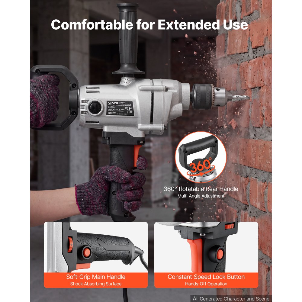 VEVOR Drill Mixer 5/8 inch 11.7 Amp 1300 W Corded Electric Drill Mixer Set, For Drilling & Mixing Cement Clay Paint, 0-1050 RPM 6-Speed Adjustment, Handheld Cement Mixer with 360° Adjustable Handle
