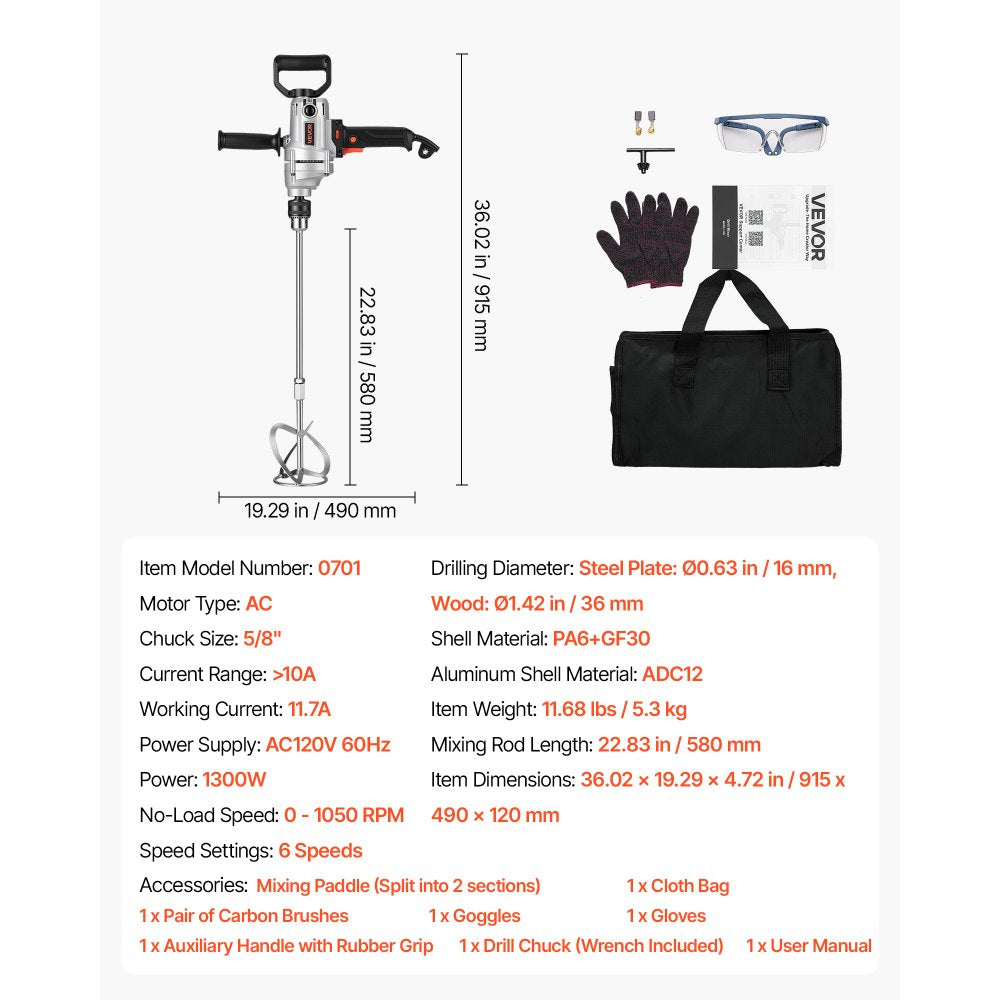 VEVOR Drill Mixer 5/8 inch 11.7 Amp 1300 W Corded Electric Drill Mixer Set, For Drilling & Mixing Cement Clay Paint, 0-1050 RPM 6-Speed Adjustment, Handheld Cement Mixer with 360° Adjustable Handle