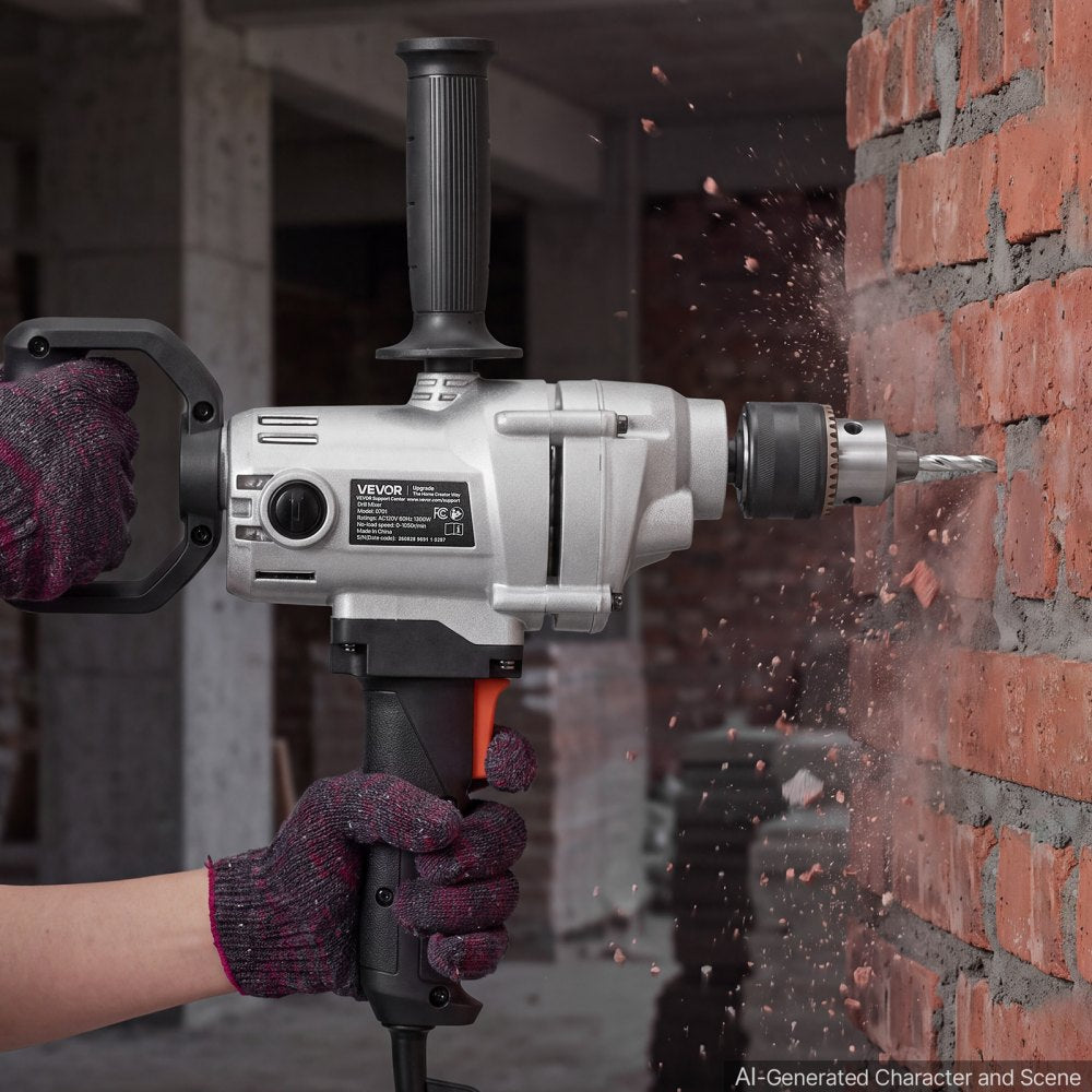 VEVOR Drill Mixer 5/8 inch 11.7 Amp 1300 W Corded Electric Drill Mixer Set, For Drilling & Mixing Cement Clay Paint, 0-1050 RPM 6-Speed Adjustment, Handheld Cement Mixer with 360° Adjustable Handle