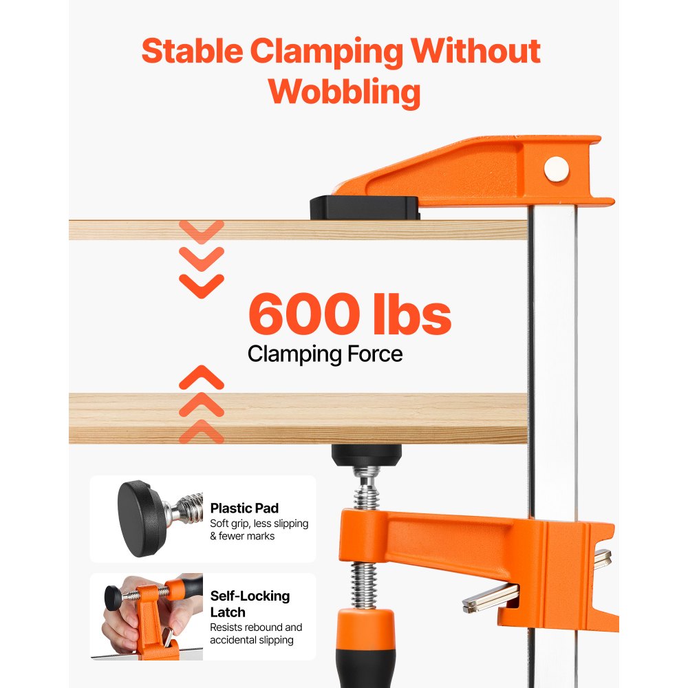VEVOR Bar Clamps for Woodworking, 8-Pack, 24" Opening F Clamps, 600 lbs Load Limit, with Plastic Pad and Self-Locking Design, Premium Cast Iron and Carbon Steel, for Wood Working and Metal Working