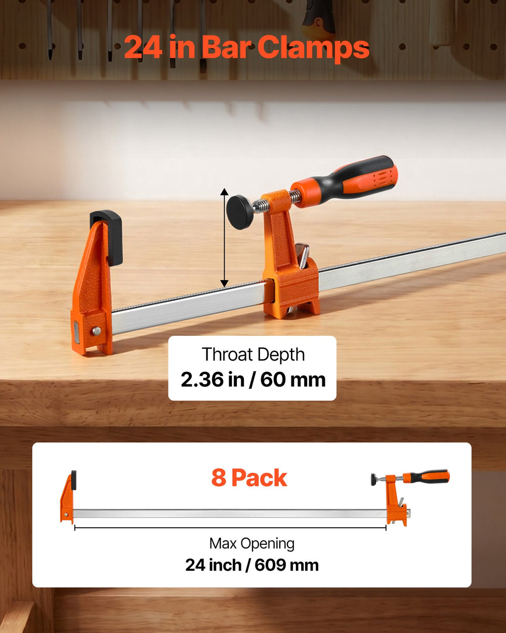 VEVOR Bar Clamps for Woodworking, 8-Pack, 24" Opening F Clamps, 600 lbs Load Limit, with Plastic Pad and Self-Locking Design, Premium Cast Iron and Carbon Steel, for Wood Working and Metal Working