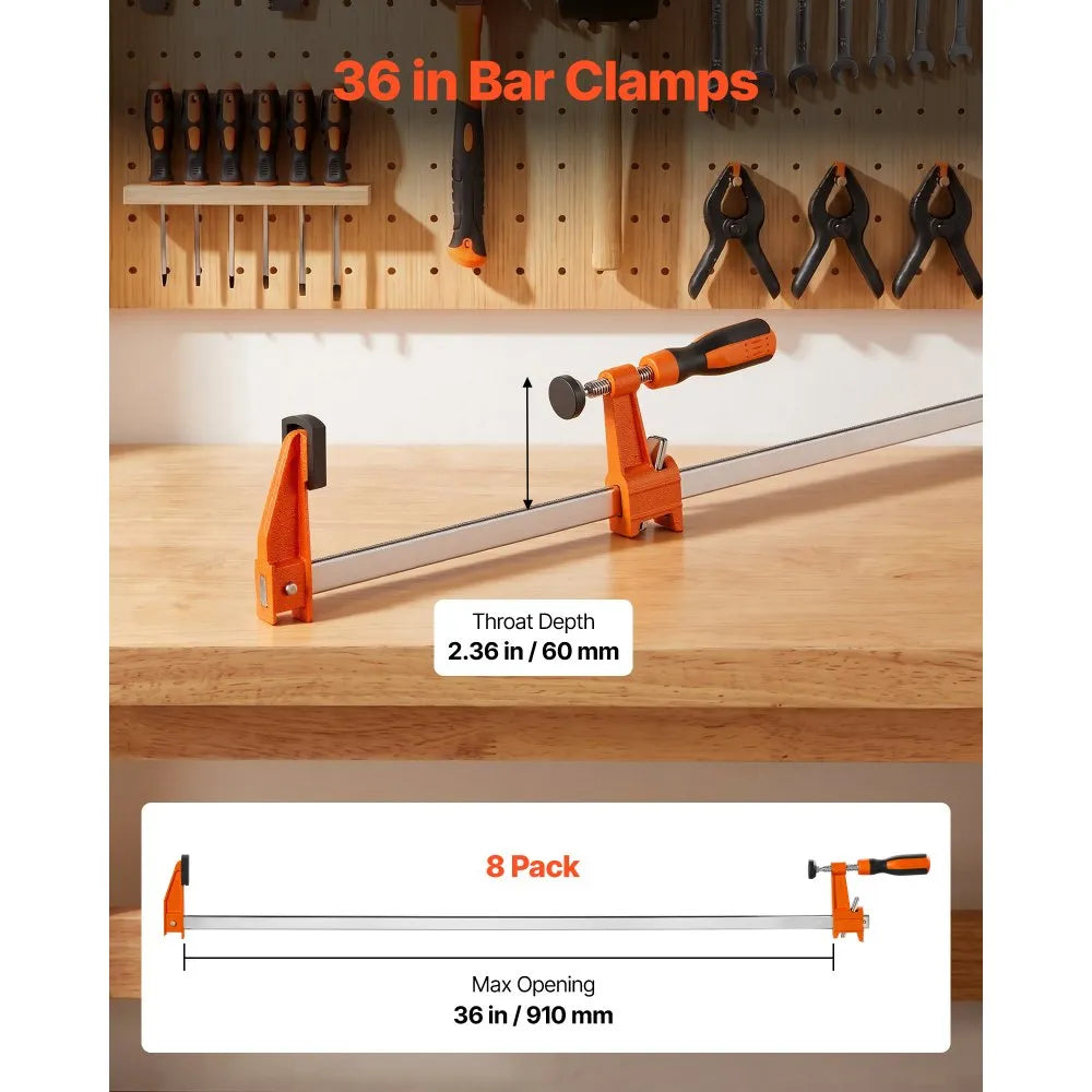 VEVOR Bar Clamps for Woodworking, 8-Pack, 36" Opening F Clamps, 600 lbs Load Limit, with Plastic Pad and Self-Locking Design, Premium Cast Iron and Carbon Steel, for Wood Working and Metal Working
