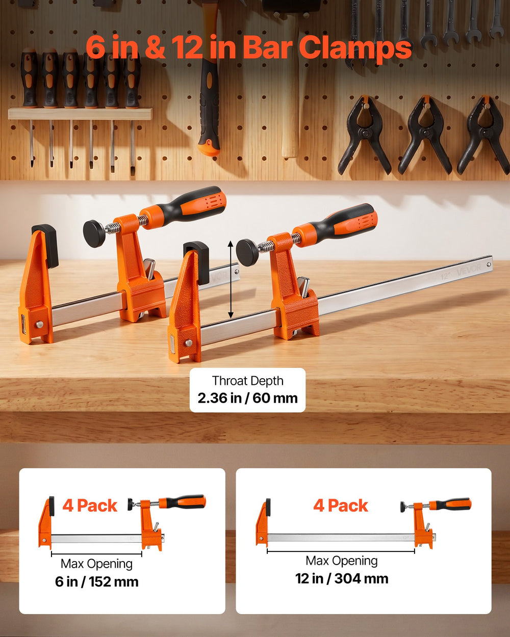 VEVOR Bar Clamps for Woodworking, 8-Pack, 6" and 12" F Clamps, 600 lbs Load Limit, with Plastic Pad and Self-Locking Design, Malleable Iron and Carbon Steel, for Wood Working and Metal Working