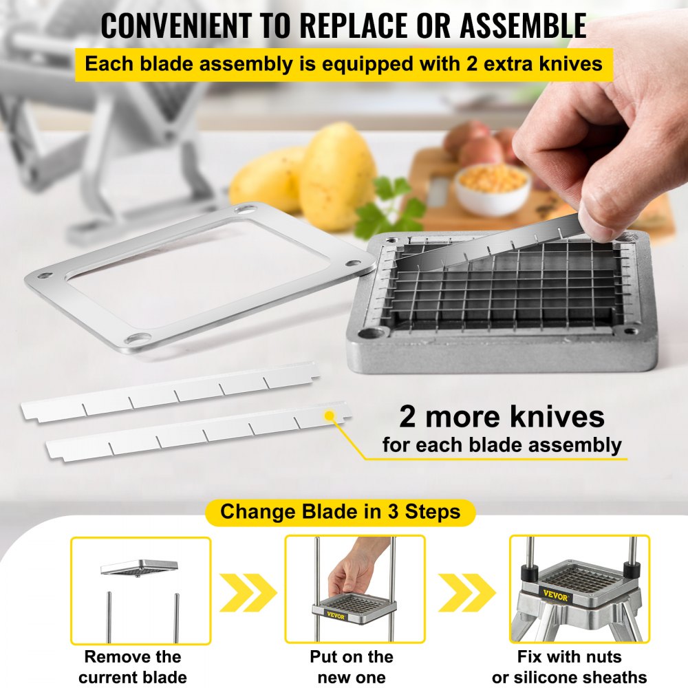 VEVOR Replacement Chopper Blade, 3/8 inch, 3 PCS French Fry Blade Assembly with 6 Extra Knives, Stainless Steel Dicer Parts and Push Block for Cutting Potatoes Carrots Onions Cucumbers Mushrooms
