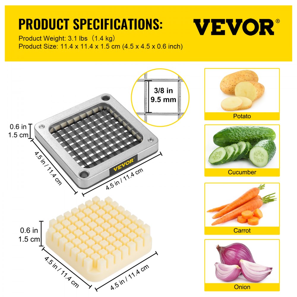 VEVOR Replacement Chopper Blade, 3/8 inch, 3 PCS French Fry Blade Assembly with 6 Extra Knives, Stainless Steel Dicer Parts and Push Block for Cutting Potatoes Carrots Onions Cucumbers Mushrooms