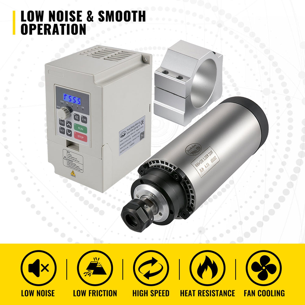 Low noise and smooth operation graphic for VEVOR 2.2KW CNC spindle motor kit with 220V VFD