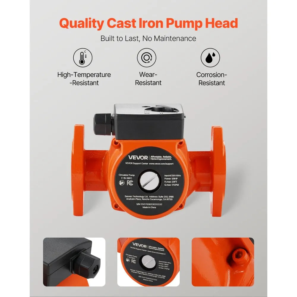 VEVOR F-15-58FC Cast Iron Circulator Pump, 17 GPM, AC 120V 20 ft Hot Water Recirculating Circulation Pump, 1-Inch Flange Connection, 3-Speed Adjustment, Quiet Operation, for Home Water Heating System