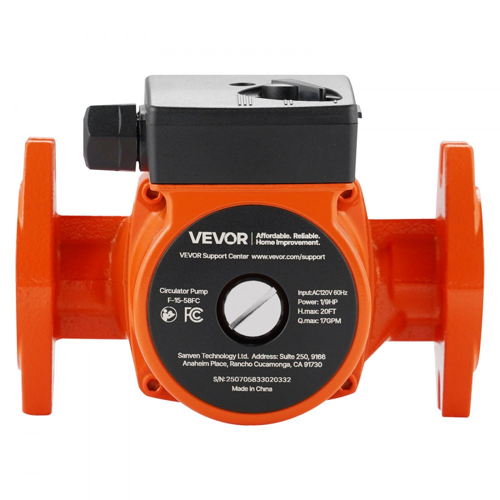 VEVOR F-15-58FC Cast Iron Circulator Pump, 17 GPM, AC 120V 20 ft Hot Water Recirculating Circulation Pump, 1-Inch Flange Connection, 3-Speed Adjustment, Quiet Operation, for Home Water Heating System