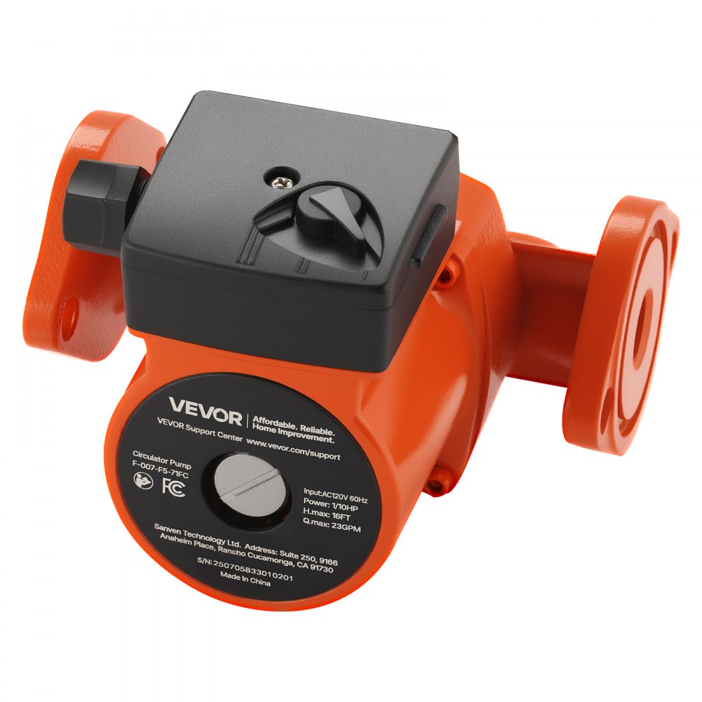 VEVOR F-007-F5-71FC Cast Iron Circulator Pump, 23 GPM, AC 120V 16 ft Hot Water Recirculating Circulation Pump, 1-Inch Flange Connection, 3-Speed Adjustment, Quiet Operation, for Home Heating System
