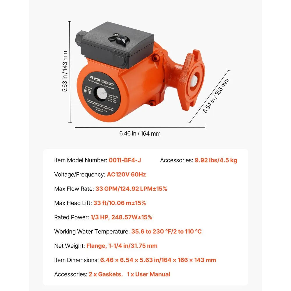 VEVOR 0011-BF4-J Cast Iron Circulator Pump, 33 GPM, AC 120V 33 ft Hot Water Recirculating Circulation Pump, 1-1/4 in Flange Connection, 3-Speed Adjustment, Quiet Operation, for Home Heating System