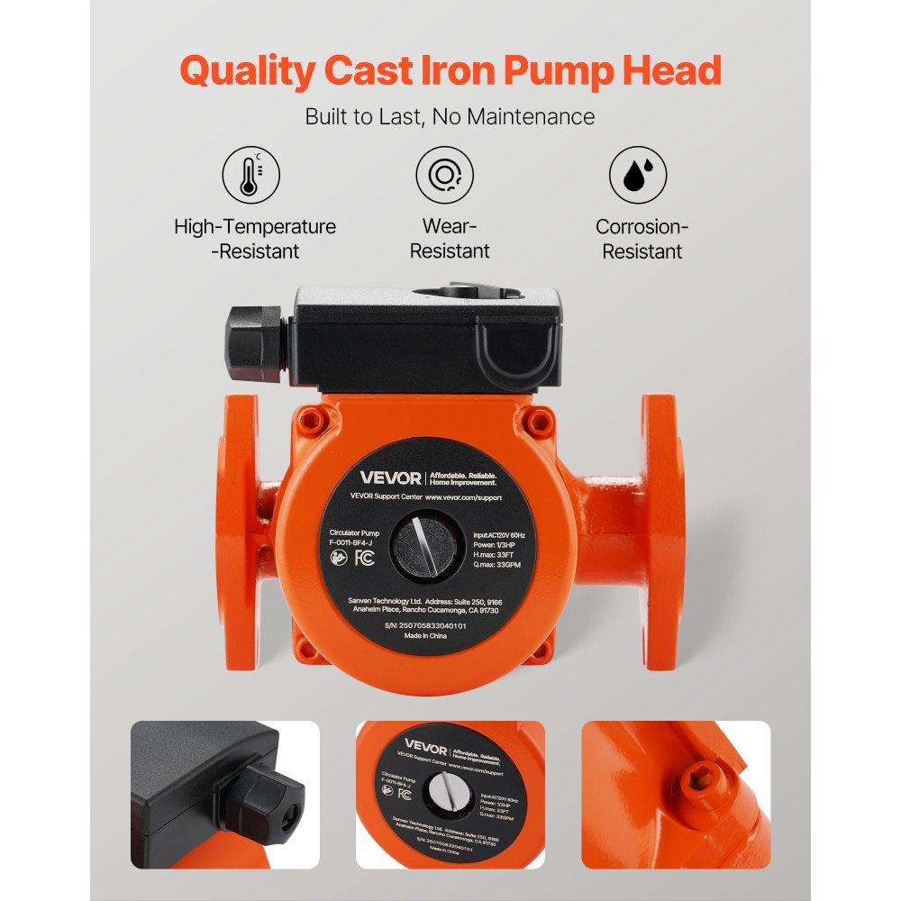 VEVOR F-0011-BF4-J Cast Iron Circulator Pump, 33 GPM, AC 120V 33 ft Hot Water Recirculating Circulation Pump, 1-1/4 in Flange Connection, 3-Speed Adjustment, Quiet Operation, for Home Heating System