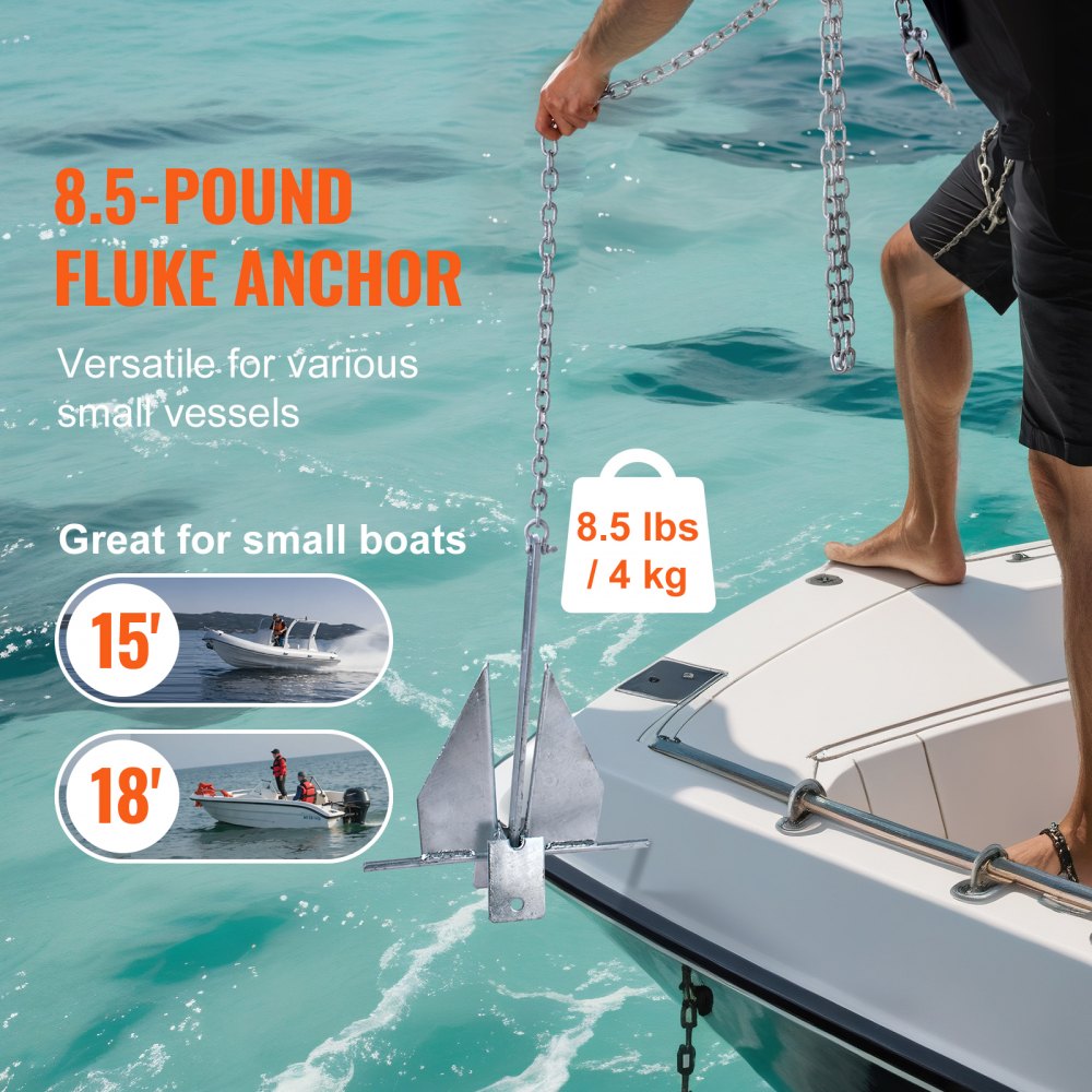 VEVOR Fluke Style Anchor Kit, 8.5 LBS Hot-Dipped Galvanized Steel Fluke Anchor with 7.9' Chain, 75' Rope and Two 0.4" Shackles, Marine Boat Anchor for Small Vessels Under 18', Seas, Rivers and Shores