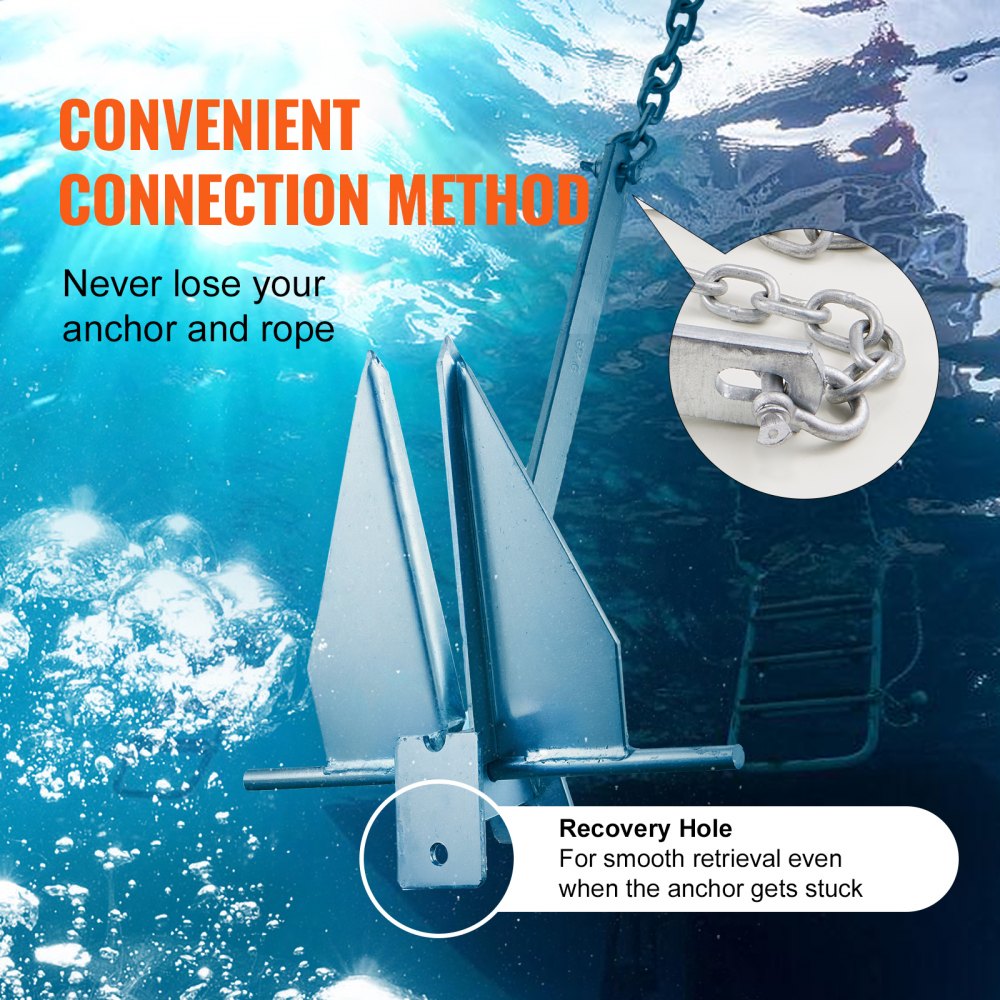 VEVOR Fluke Style Anchor Kit, 8.5 LBS Hot-Dipped Galvanized Steel Fluke Anchor with 7.9' Chain, 75' Rope and Two 0.4" Shackles, Marine Boat Anchor for Small Vessels Under 18', Seas, Rivers and Shores