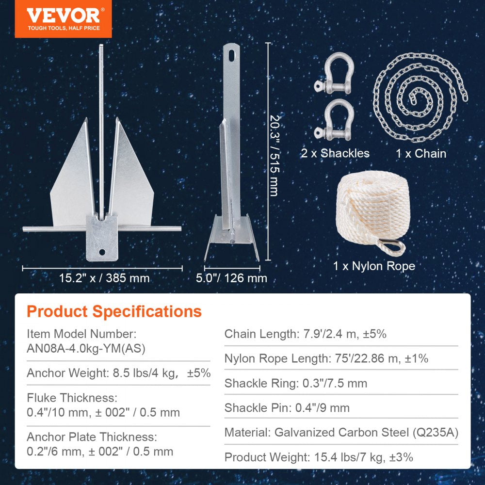 VEVOR Fluke Style Anchor Kit, 8.5 LBS Hot-Dipped Galvanized Steel Fluke Anchor with 7.9' Chain, 75' Rope and Two 0.4" Shackles, Marine Boat Anchor for Small Vessels Under 18', Seas, Rivers and Shores